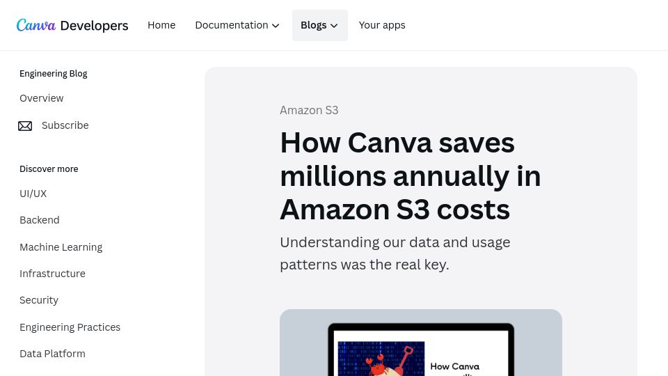 Screenshot of canva.dev: How Canva saves Amazon S3 costs