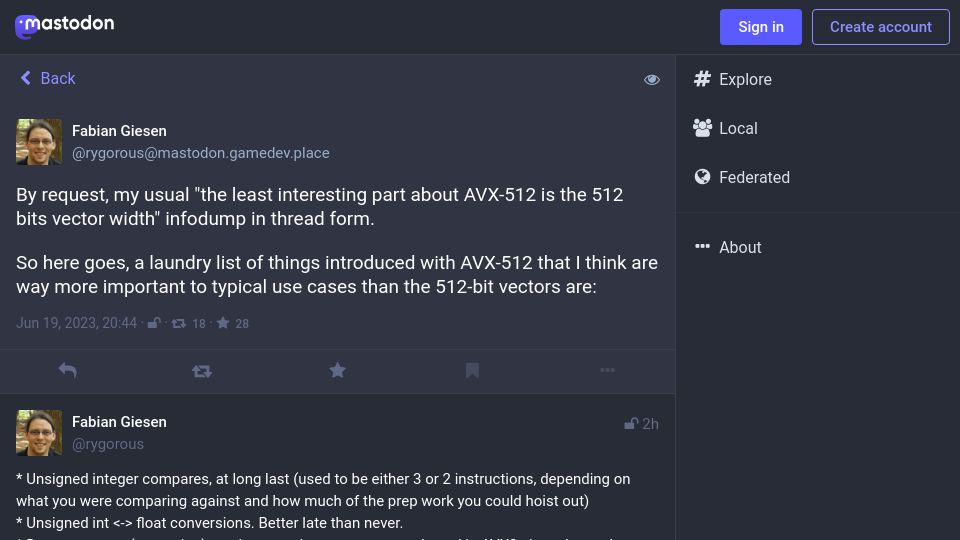 Screenshot of mastodon.gamedev.place: The least interesting part about AVX-512 is the 512 bits vector width