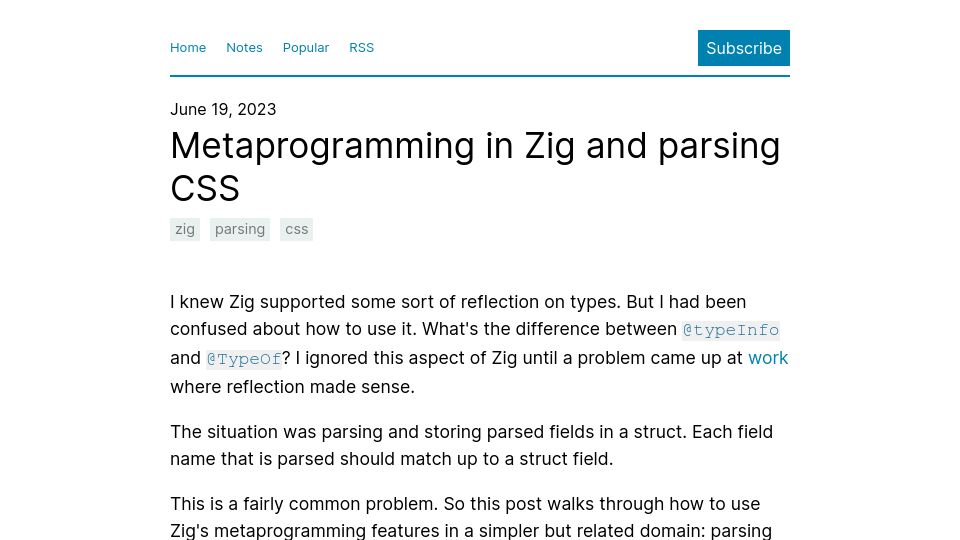 Screenshot of notes.eatonphil.com: Metaprogramming in Zig and parsing CSS