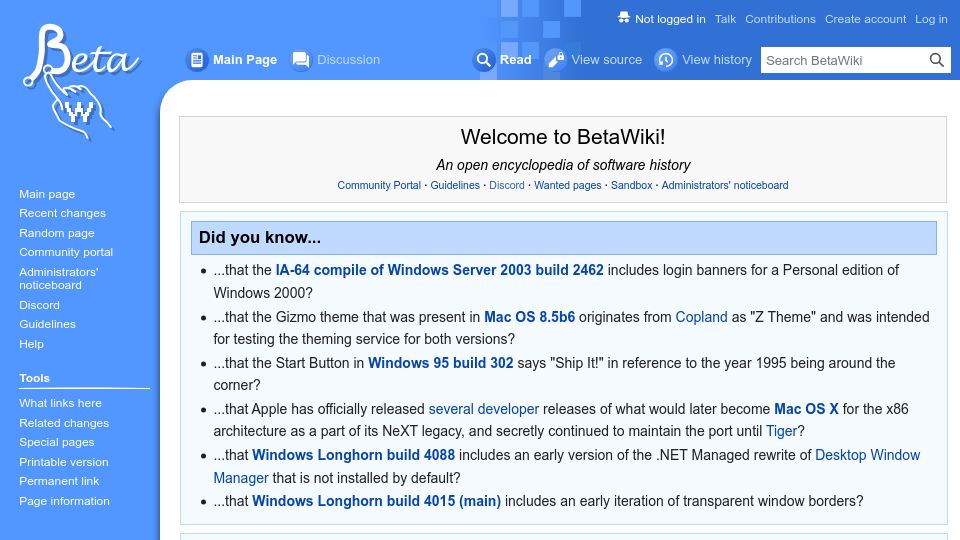 Screenshot of betawiki.net: BetaWiki – An open encyclopedia of software history