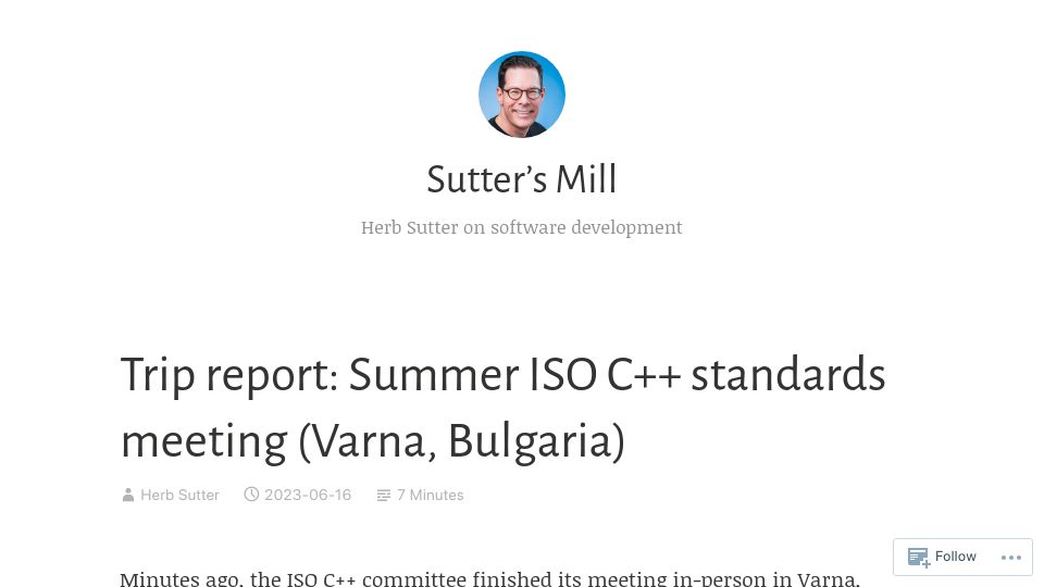 Screenshot of herbsutter.com: Trip report: Summer ISO C++ standards meeting in Varna, Bulgaria