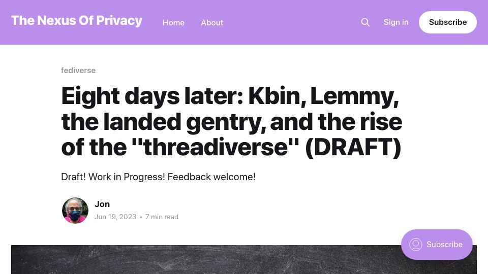Screenshot of privacy.thenexus.today: Eight days later: Kbin, Lemmy, the landed gentry, and the rise of “threadiverse”