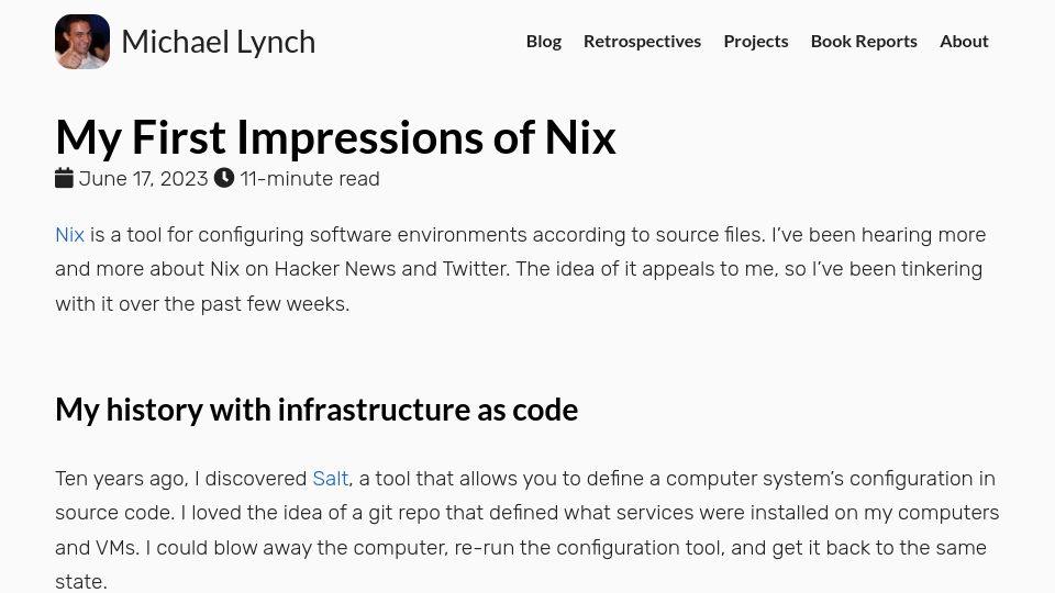 Screenshot of mtlynch.io: My First Impressions of Nix