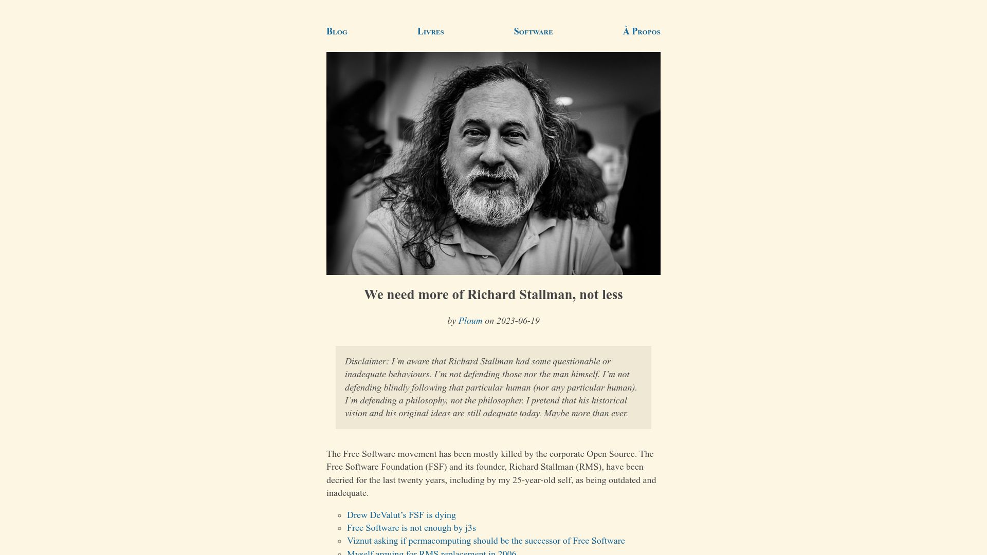 Screenshot of ploum.net: We need more of Richard Stallman, not less