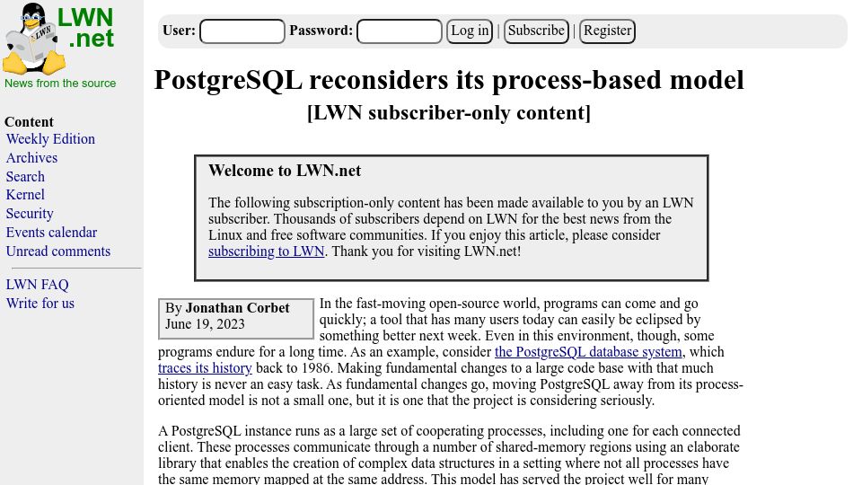 Screenshot of lwn.net: PostgreSQL reconsiders its process-based model