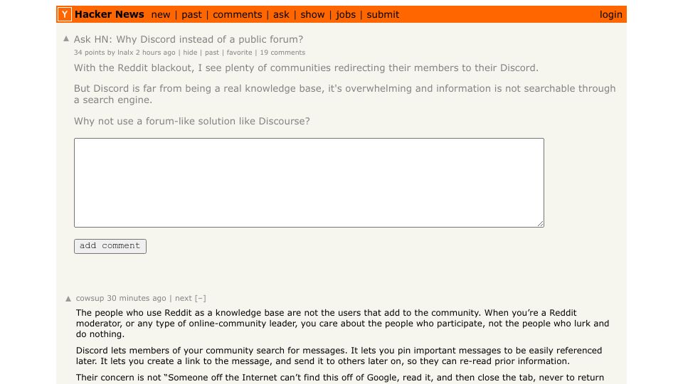 Screenshot of Hacker News post: Ask HN: Why Discord instead of a public forum?