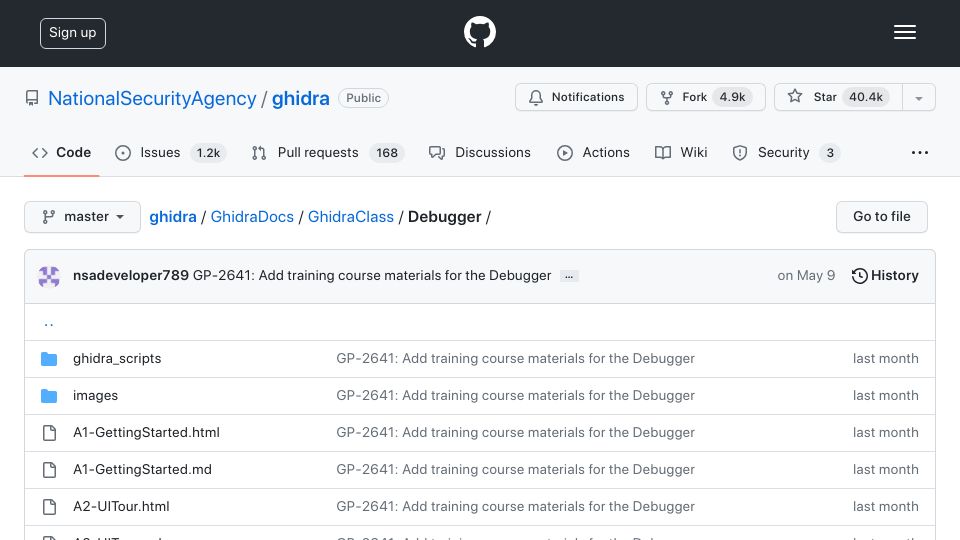 Screenshot of github.com: Debugger Ghidra Class