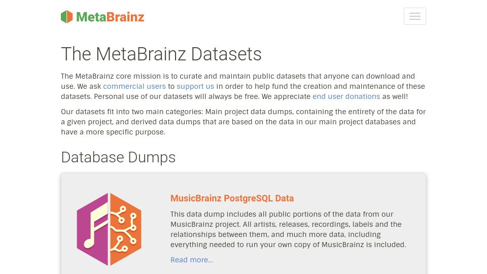 Screenshot of metabrainz.org: New open-source datasets for music-based development