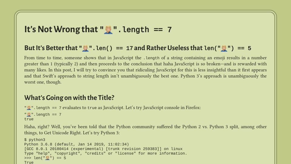 Screenshot of hsivonen.fi: It’s not wrong that "🤦🏼‍♂️".length == 7 (2019)