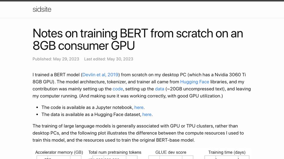 Screenshot of sidsite.com: Notes on training BERT from scratch on an 8GB consumer GPU