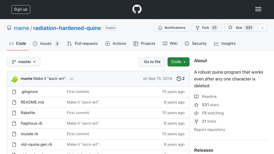 Screenshot of github.com: Radiation-hardened Quine (2014)