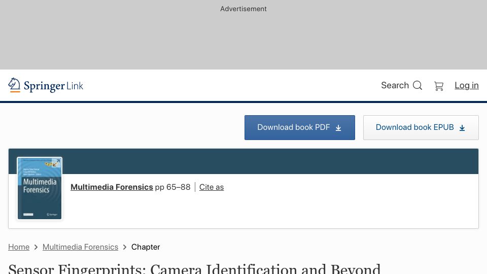 Screenshot of link.springer.com: Sensor Fingerprints: Camera Identification and Beyond