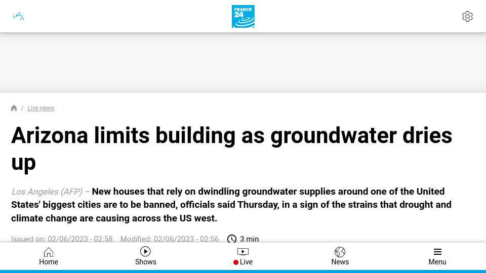 Screenshot of france24.com: Arizona limits building as groundwater dries up