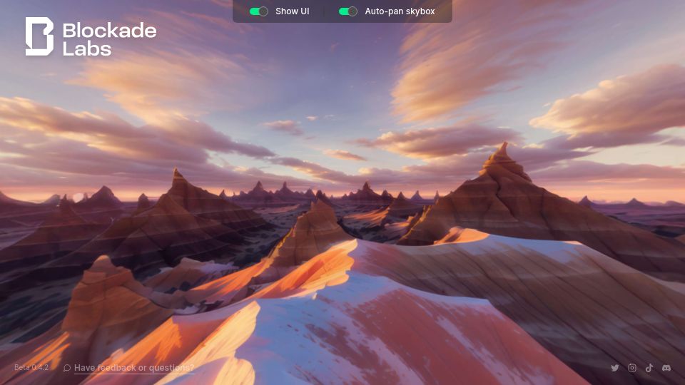 Screenshot of skybox.blockadelabs.com: Skybox AI: Use AI to generate 3D worlds