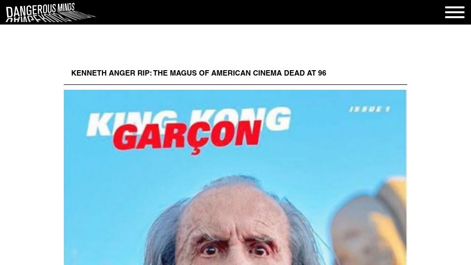 Screenshot of dangerousminds.net: Kenneth Anger has died