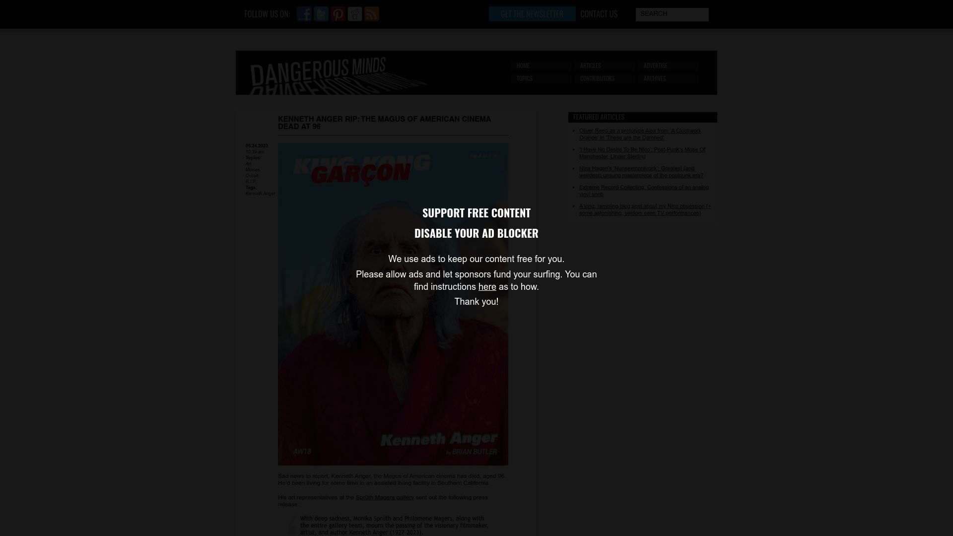 Screenshot of dangerousminds.net: Kenneth Anger has died