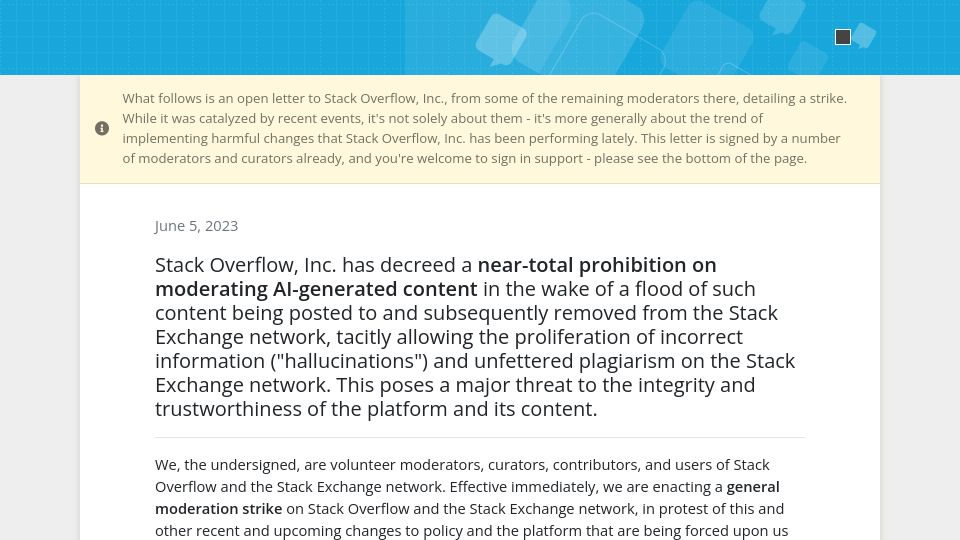 Screenshot of openletter.mousetail.nl: StackOverflow petition to allow removing AI generated content