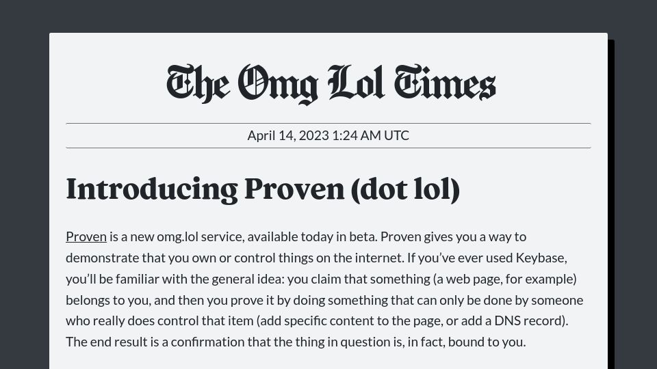 Screenshot of omglol.news: Proven (Dot Lol)