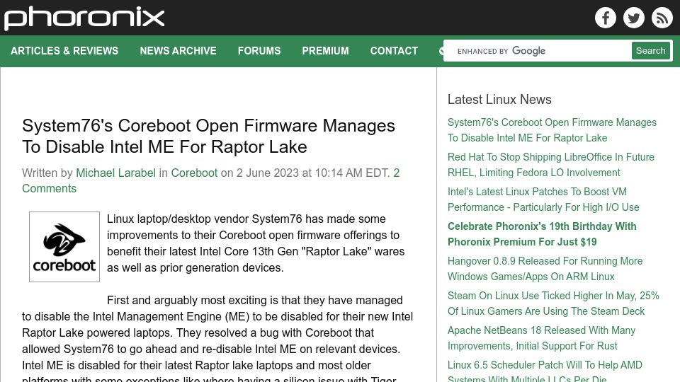 Screenshot of blog.system76.com: System76's coreboot open firmware manages to disable Intel ME for Raptor Lake