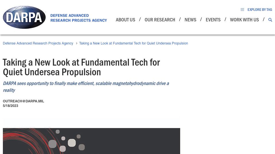 Screenshot of darpa.mil: Taking a new look at fundamental tech for quiet undersea propulsion