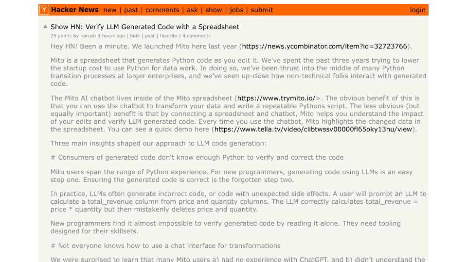 Screenshot of Hacker News post: Show HN: Verify LLM Generated Code with a Spreadsheet