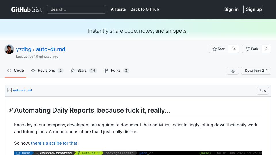 Screenshot of gist.github.com: Show HN: Automating daily reports, because fuck it