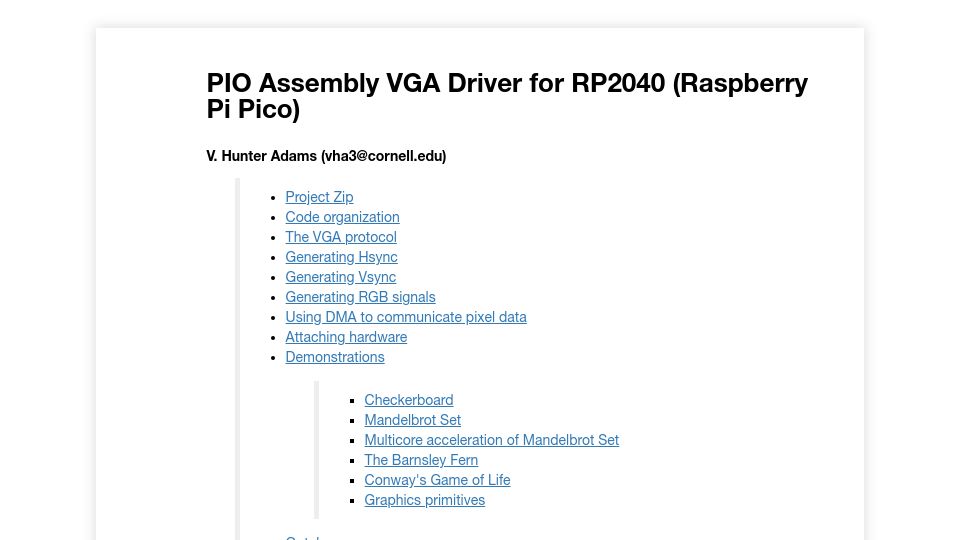 Screenshot of vanhunteradams.com: VGA driver using PIO and DMA on the RP2040