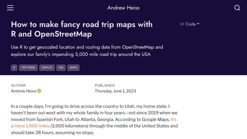 Screenshot of andrewheiss.com: How to make fancy road trip maps with R and OpenStreetMap