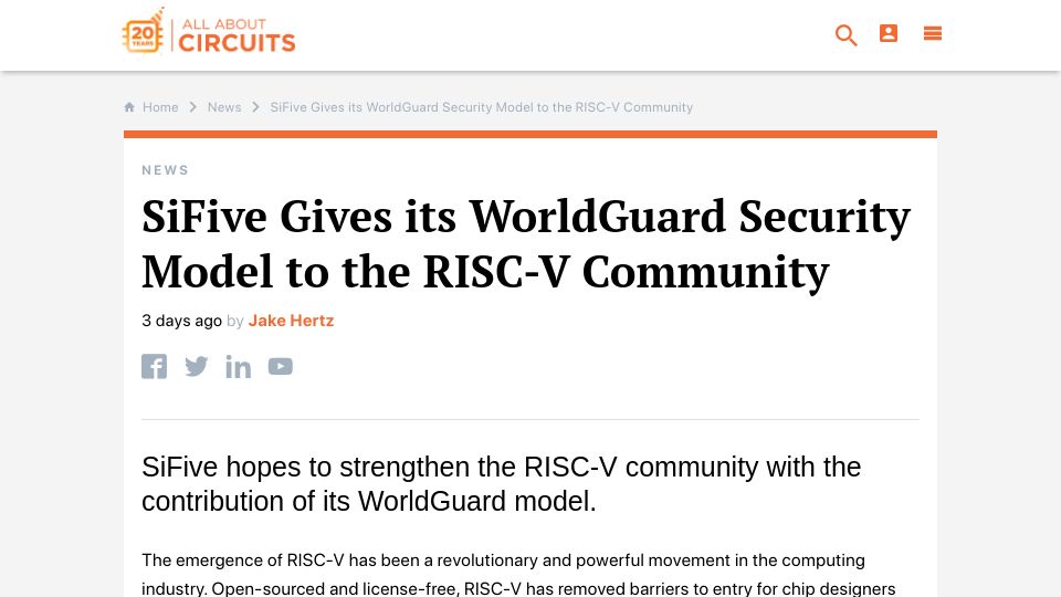 Screenshot of allaboutcircuits.com: SiFive Gives Its WorldGuard Security Model to the RISC-V Community