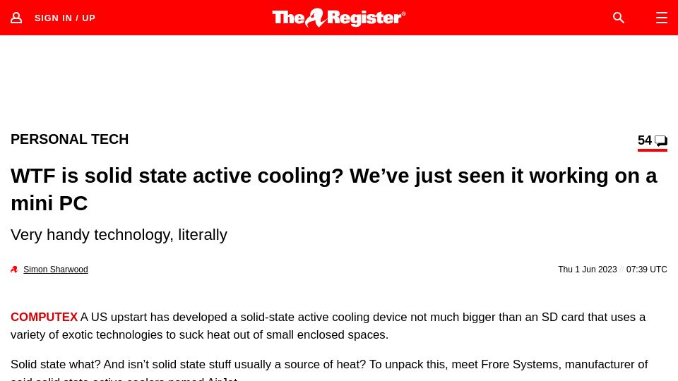 Screenshot of theregister.com: Solid state active cooling on a Mini PC