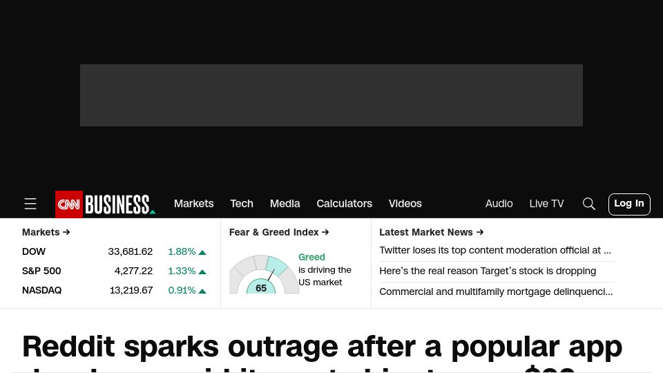 Screenshot of cnn.com: Reddit sparks outrage after it demands app developer pay $20M/yr