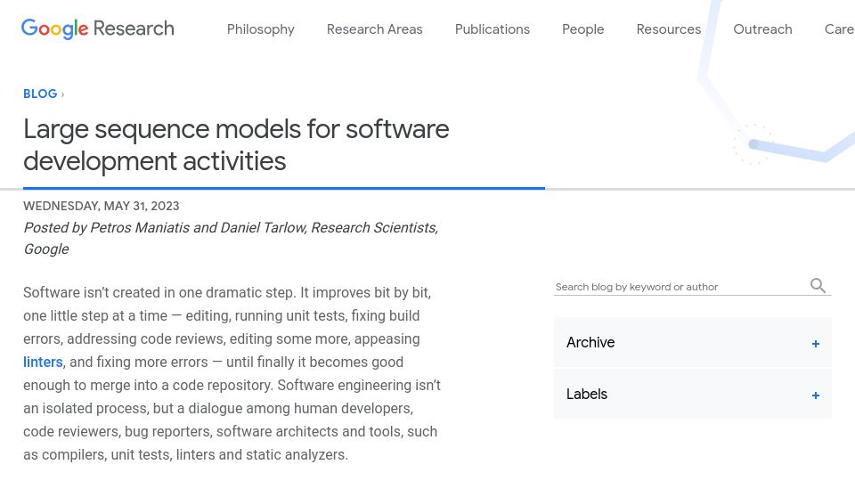 Screenshot of ai.googleblog.com: Using Google’s code history to write more code
