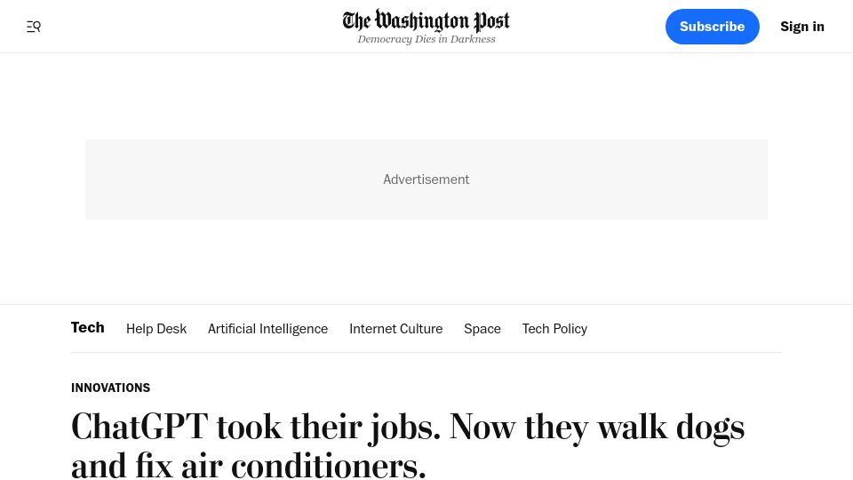 Screenshot of washingtonpost.com: ChatGPT took their jobs. Now they walk dogs and fix air conditioners