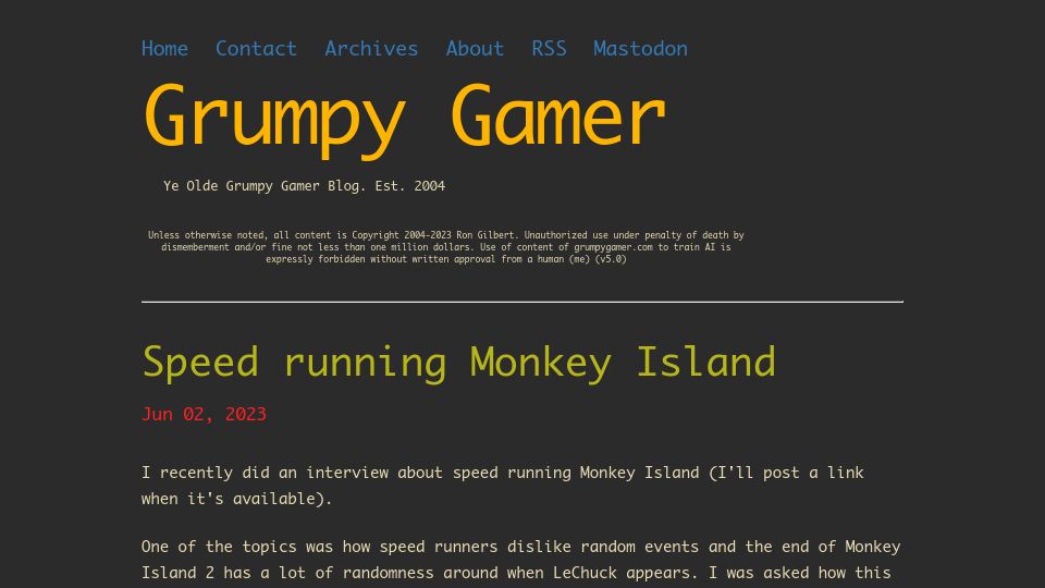 Screenshot of grumpygamer.com: Speed running Monkey Island