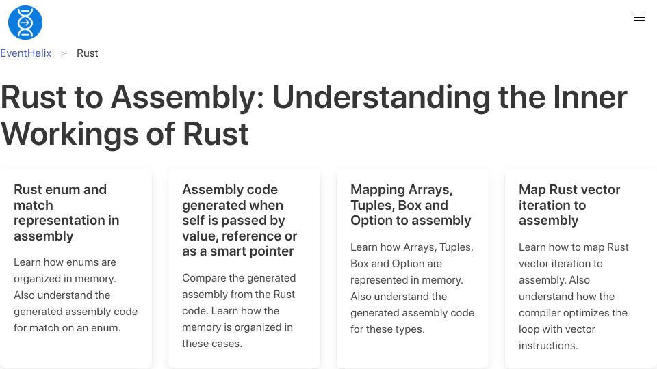 Screenshot of eventhelix.com: Rust to Assembly: Understanding the Inner Workings of Rust