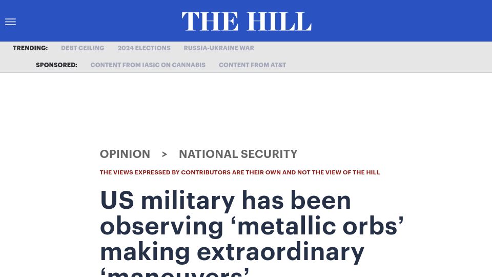 Screenshot of thehill.com: US military has been observing ‘metallic orbs’ making extraordinary ‘maneuvers’