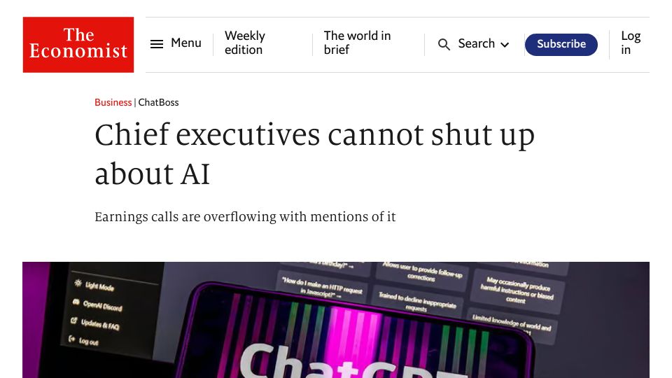 Screenshot of economist.com: Chief executives cannot shut up about AI