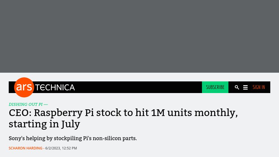 Screenshot of arstechnica.com: CEO: Raspberry Pi stock to hit 1M units monthly, starting in July