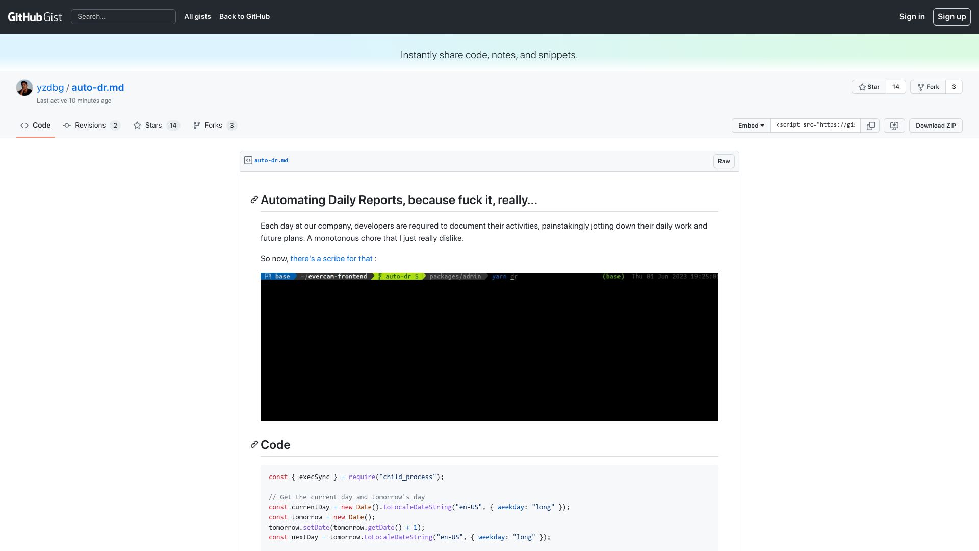 Screenshot of gist.github.com: Show HN: Automating daily reports, because fuck it