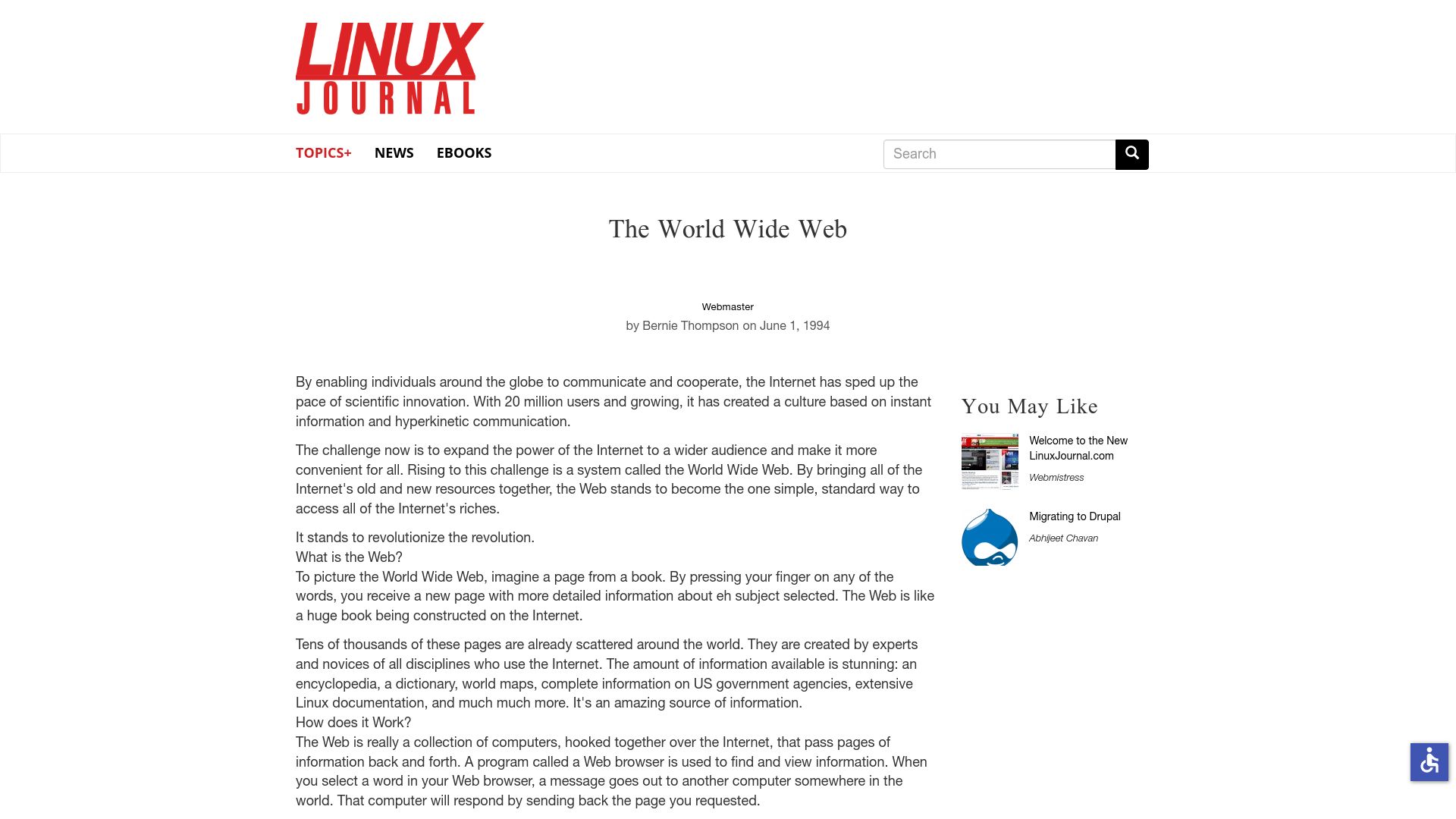 Screenshot of linuxjournal.com: The World Wide Web (1994)