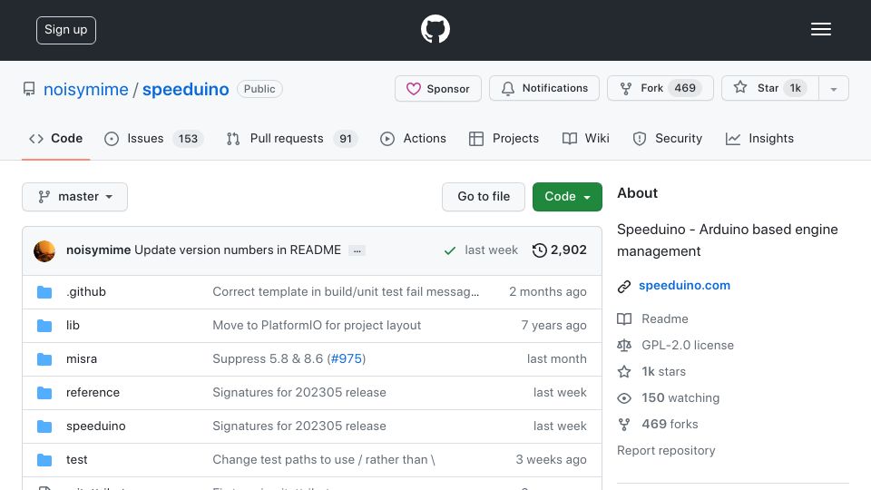 Screenshot of github.com: Speeduino – Arduino based engine management