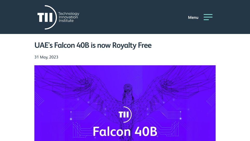 Screenshot of tii.ae: Falcon 40B (potentially the most capable open-source LLM) is now open-source