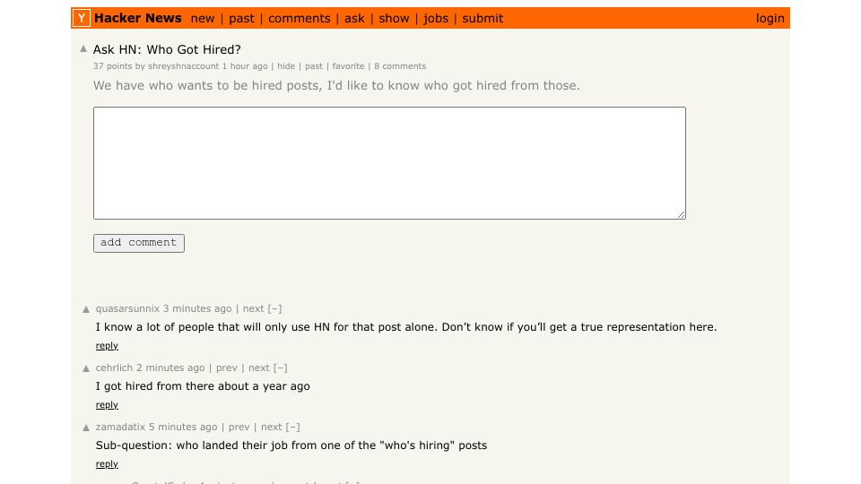Screenshot of Hacker News post: Ask HN: Who got hired from HN?
