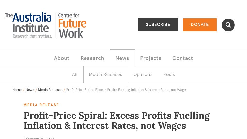 Screenshot of futurework.org.au: Profit-Price Spiral: Excess Profits Fuelling Inflation, Not Wages