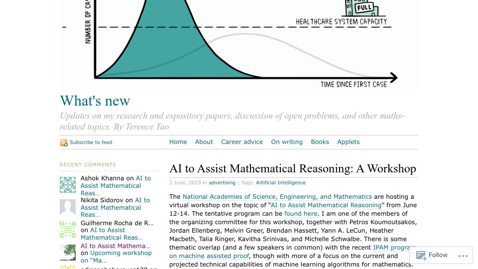 Screenshot of terrytao.wordpress.com: AI to Assist Mathematical Reasoning: A Workshop
