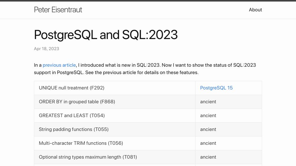 Screenshot of peter.eisentraut.org: PostgreSQL and SQL:2023