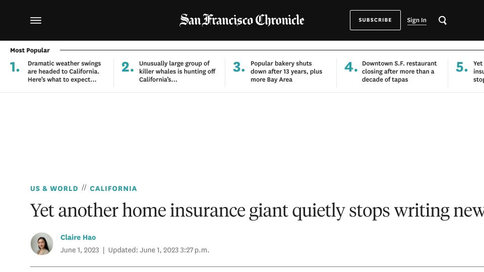 Screenshot of sfchronicle.com: Allstate joins State Farm, stops issuing new homeowners insurance policies in CA
