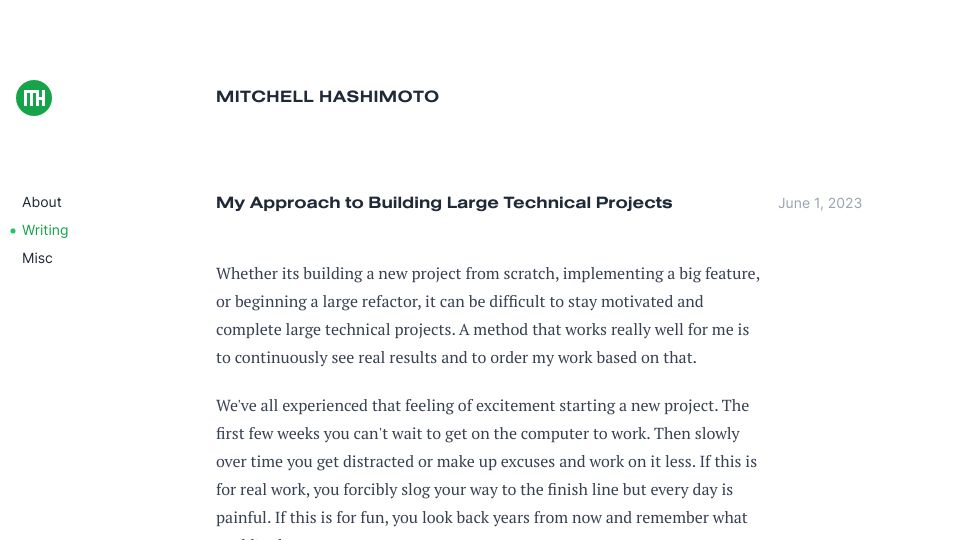 Screenshot of mitchellh.com: My approach to building large technical projects