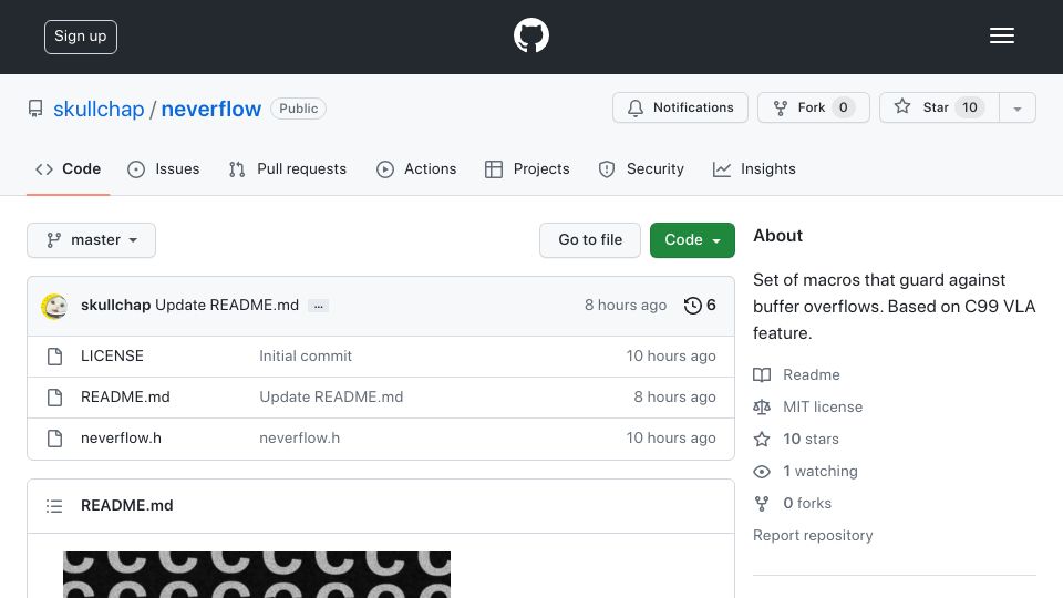 Screenshot of github.com: Neverflow: C macros that guard against buffer overflows