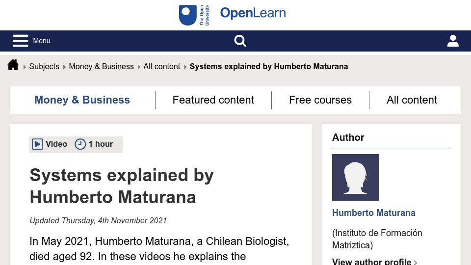 Screenshot of open.edu: Systems explained by Humberto Maturana (2021)
